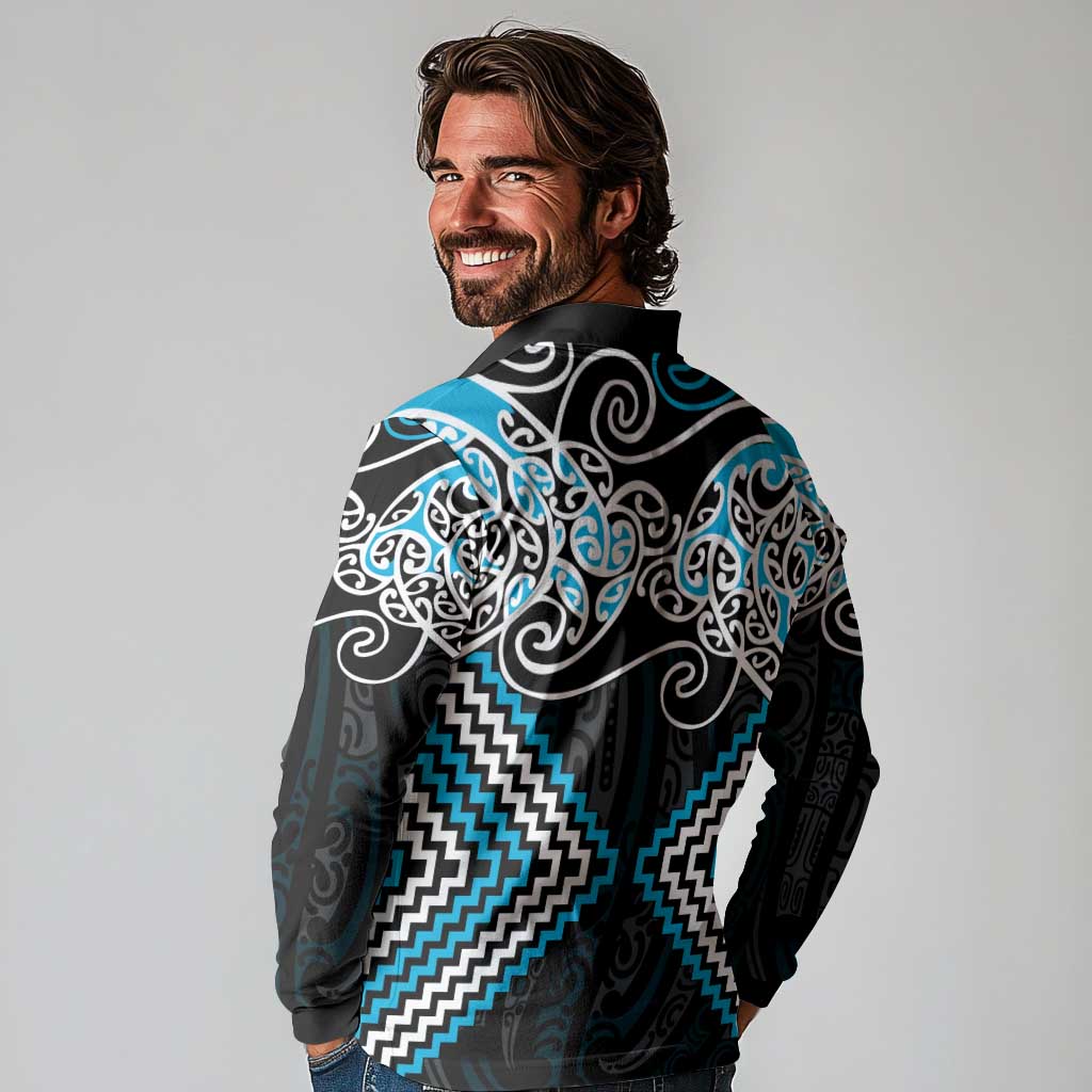 Blue Aotearoa Tukutuku Manawa Tapu Long Sleeve Polo Shirt Ta Moko Toi Maori