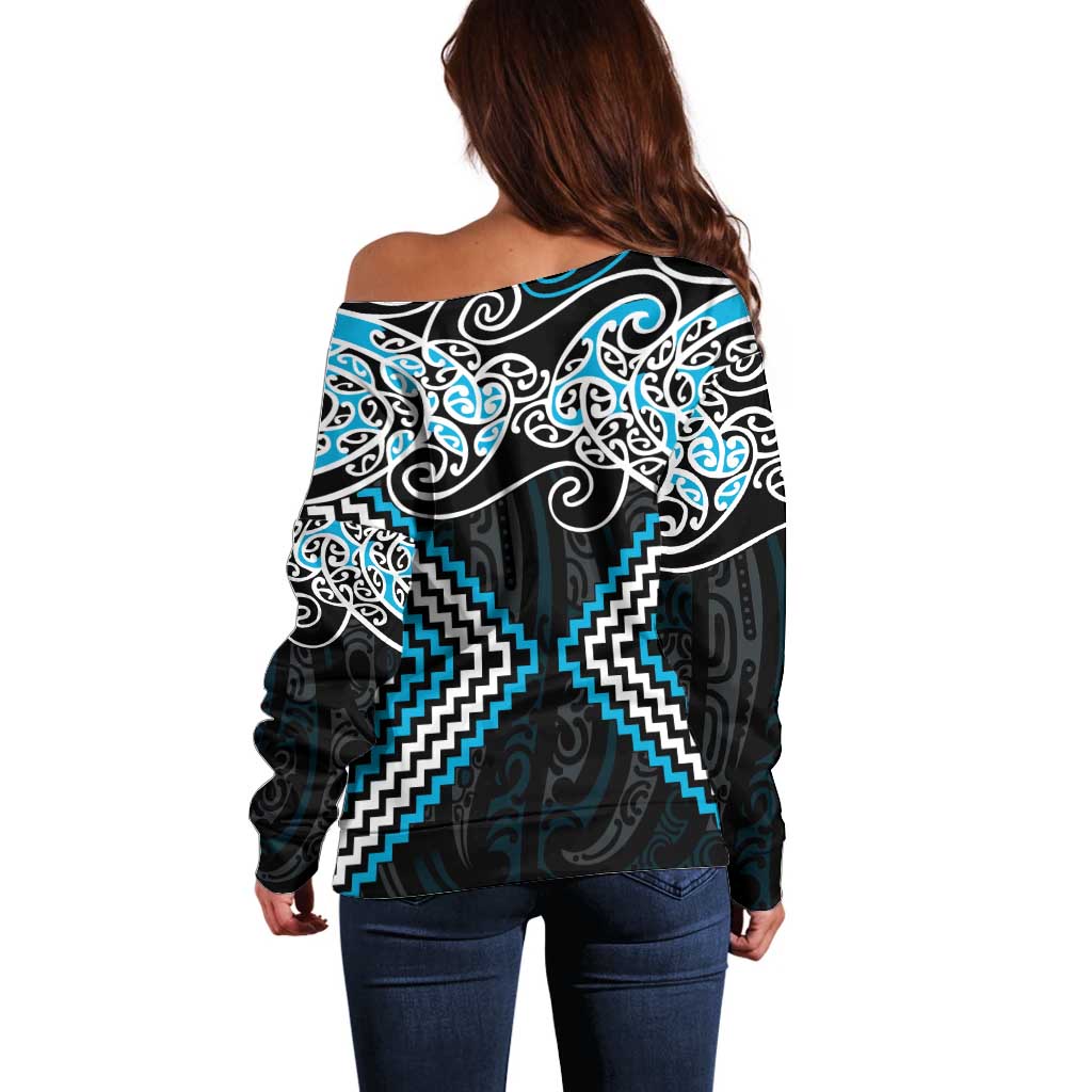 Blue Aotearoa Tukutuku Manawa Tapu Off Shoulder Sweater Ta Moko Toi Maori