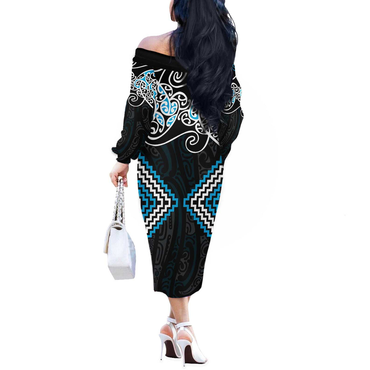 Blue Aotearoa Tukutuku Manawa Tapu Off The Shoulder Long Sleeve Dress Ta Moko Toi Maori