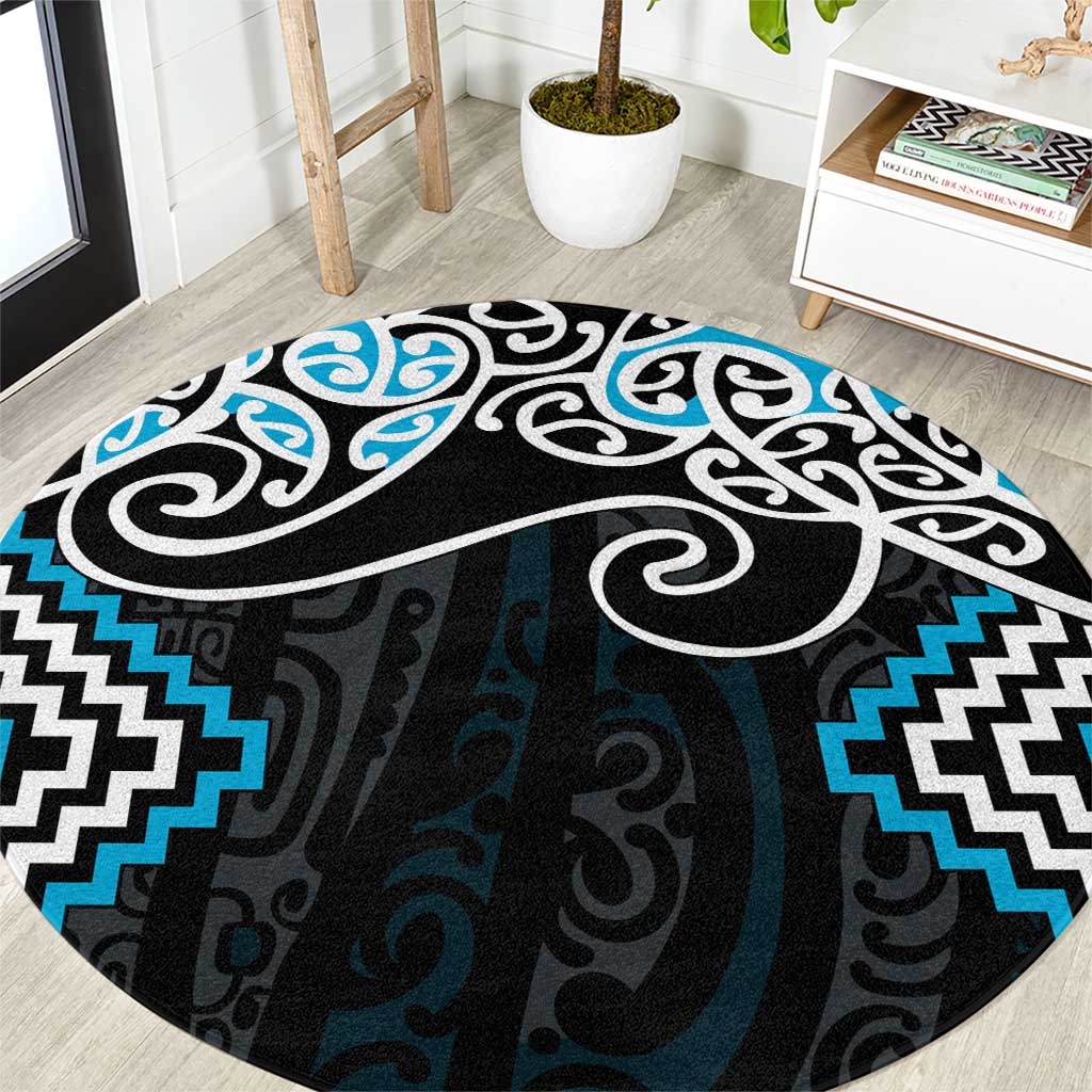 Blue Aotearoa Tukutuku Manawa Tapu Round Carpet Ta Moko Toi Maori LT9 Blue - Polynesian Pride