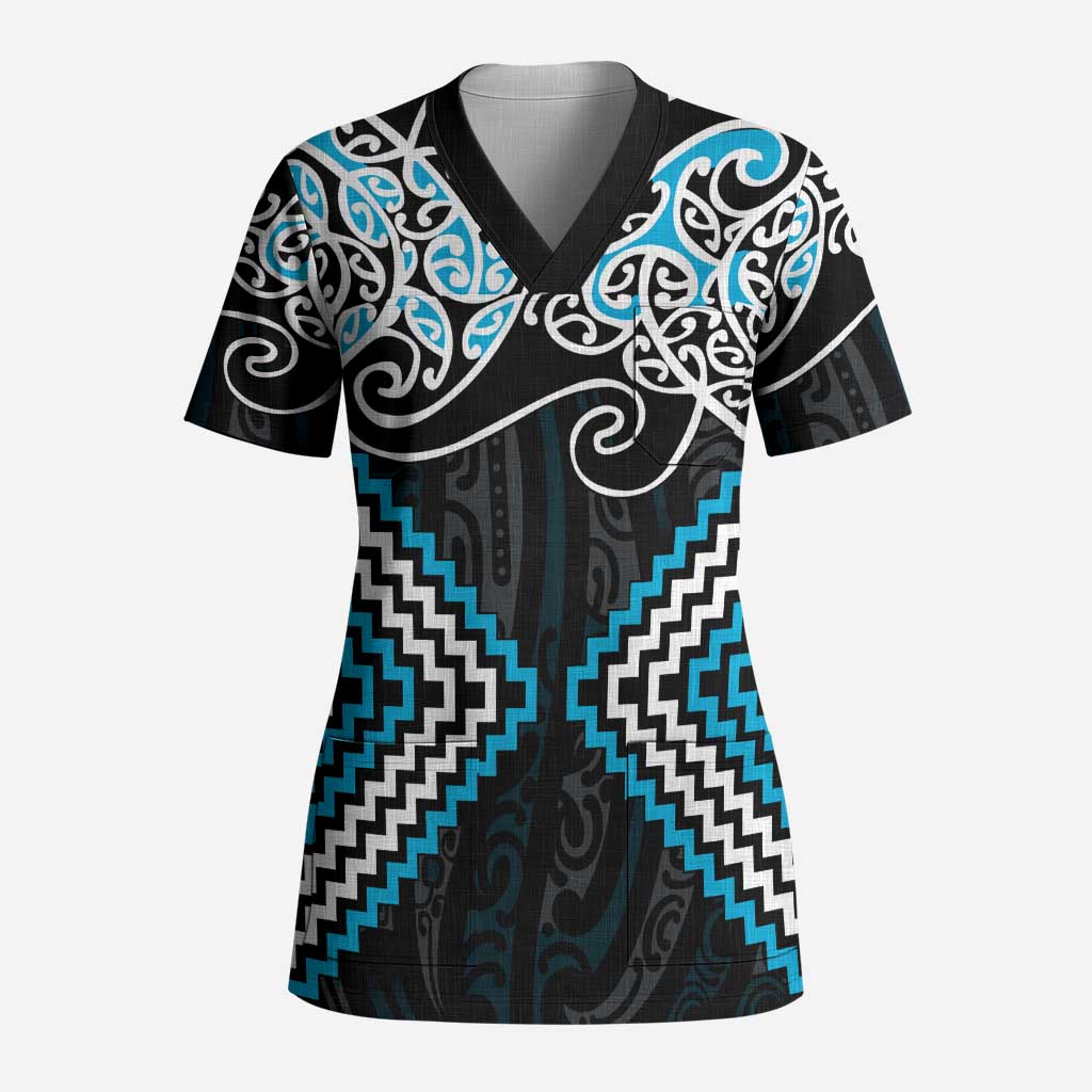 Blue Aotearoa Tukutuku Manawa Tapu Scrub Top Ta Moko Toi Maori LT9 Adult Blue - Polynesian Pride