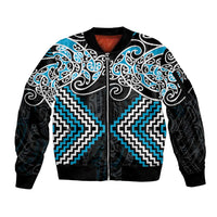 Blue Aotearoa Tukutuku Manawa Tapu Sleeve Zip Bomber Jacket Ta Moko Toi Maori