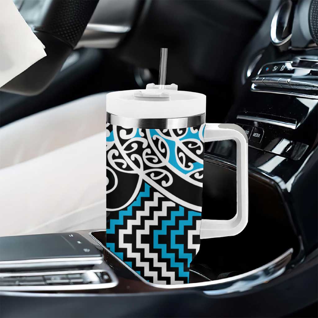 Blue Aotearoa Tukutuku Manawa Tapu Tumbler With Handle Ta Moko Toi Maori