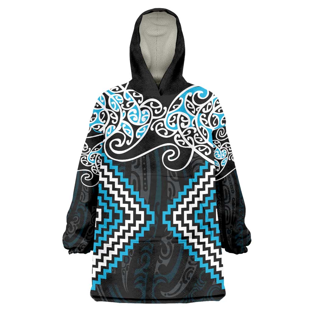 Blue Aotearoa Tukutuku Manawa Tapu Wearable Blanket Hoodie Ta Moko Toi Maori LT9 One Size Blue - Polynesian Pride