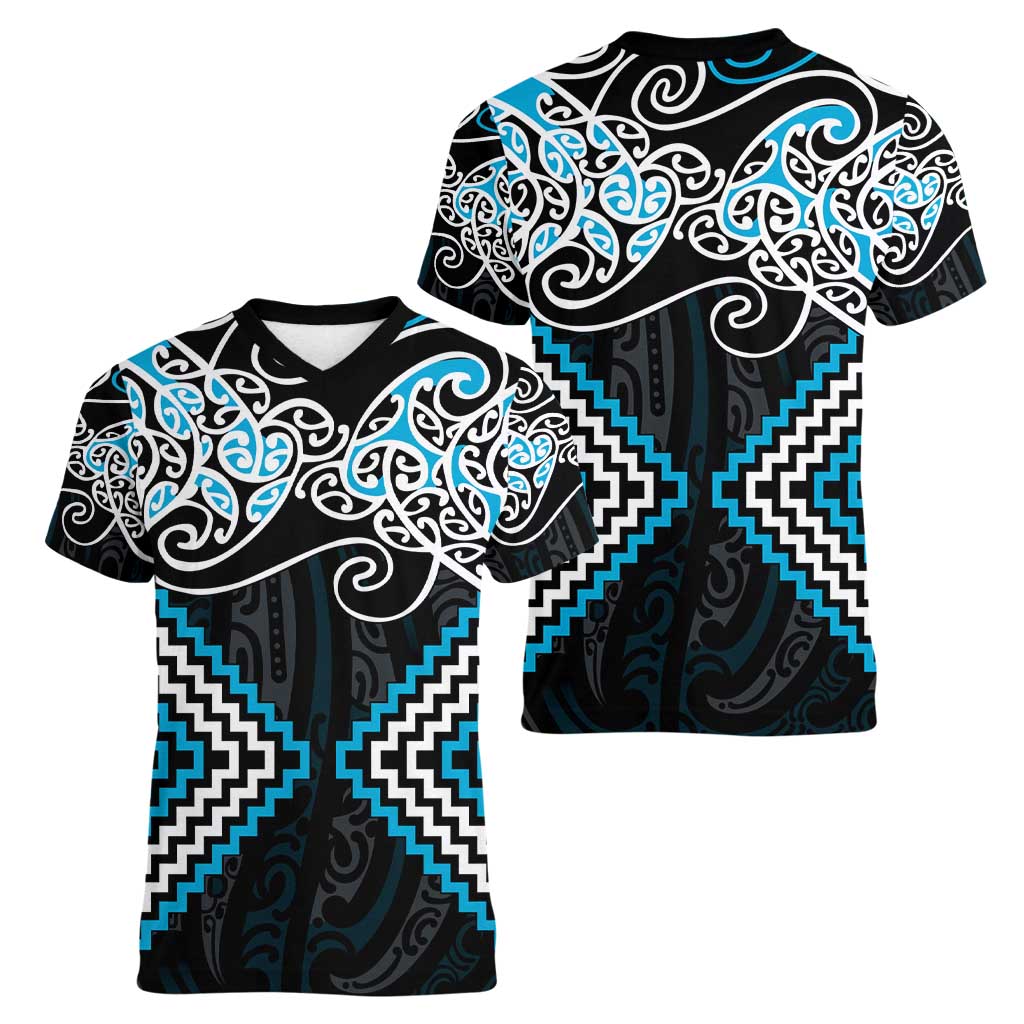 Blue Aotearoa Tukutuku Manawa Tapu Women V-Neck T-Shirt Ta Moko Toi Maori