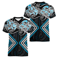 Blue Aotearoa Tukutuku Manawa Tapu Women V-Neck T-Shirt Ta Moko Toi Maori