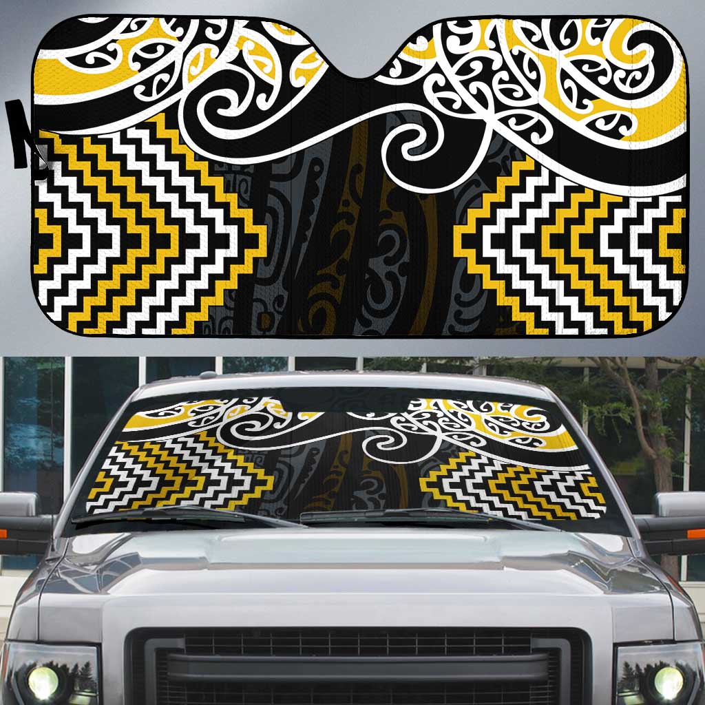 Gold Aotearoa Tukutuku Manawa Tapu Auto Sun Shade Ta Moko Toi Maori - Polynesian Pride