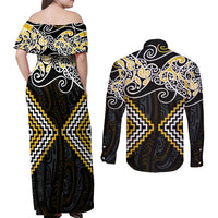 Gold Aotearoa Tukutuku Manawa Tapu Couples Matching Off Shoulder Maxi Dress and Long Sleeve Button Shirt Ta Moko Toi Maori