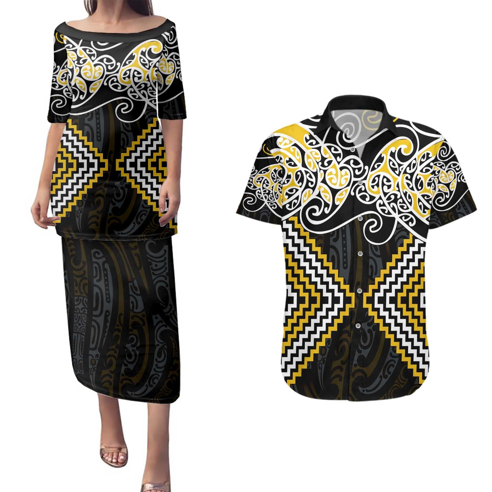 Gold Aotearoa Tukutuku Manawa Tapu Couples Matching Puletasi and Hawaiian Shirt Ta Moko Toi Maori LT9 Gold - Polynesian Pride