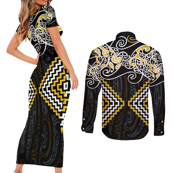 New Zealand Couples Matching Short Sleeve Bodycon Dress and Long Sleeve Button Shirts Aotearoa Manaia Maori Fern Tattoo Arty LT9