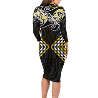 Gold Aotearoa Tukutuku Manawa Tapu Family Matching Long Sleeve Bodycon Dress and Hawaiian Shirt Ta Moko Toi Maori
