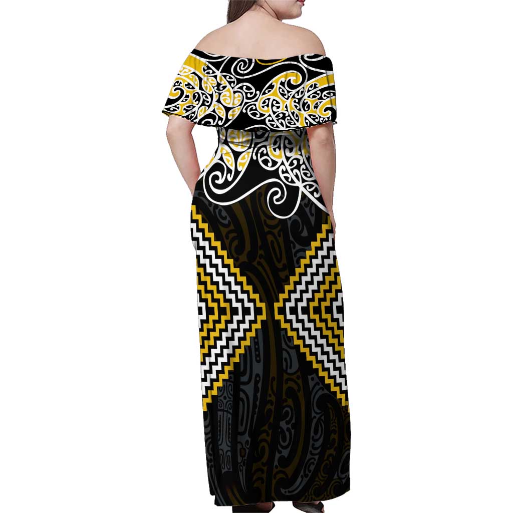 Gold Aotearoa Tukutuku Manawa Tapu Family Matching Off Shoulder Maxi Dress and Hawaiian Shirt Ta Moko Toi Maori