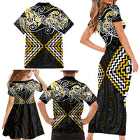 Gold Aotearoa Tukutuku Manawa Tapu Family Matching Short Sleeve Bodycon Dress and Hawaiian Shirt Ta Moko Toi Maori