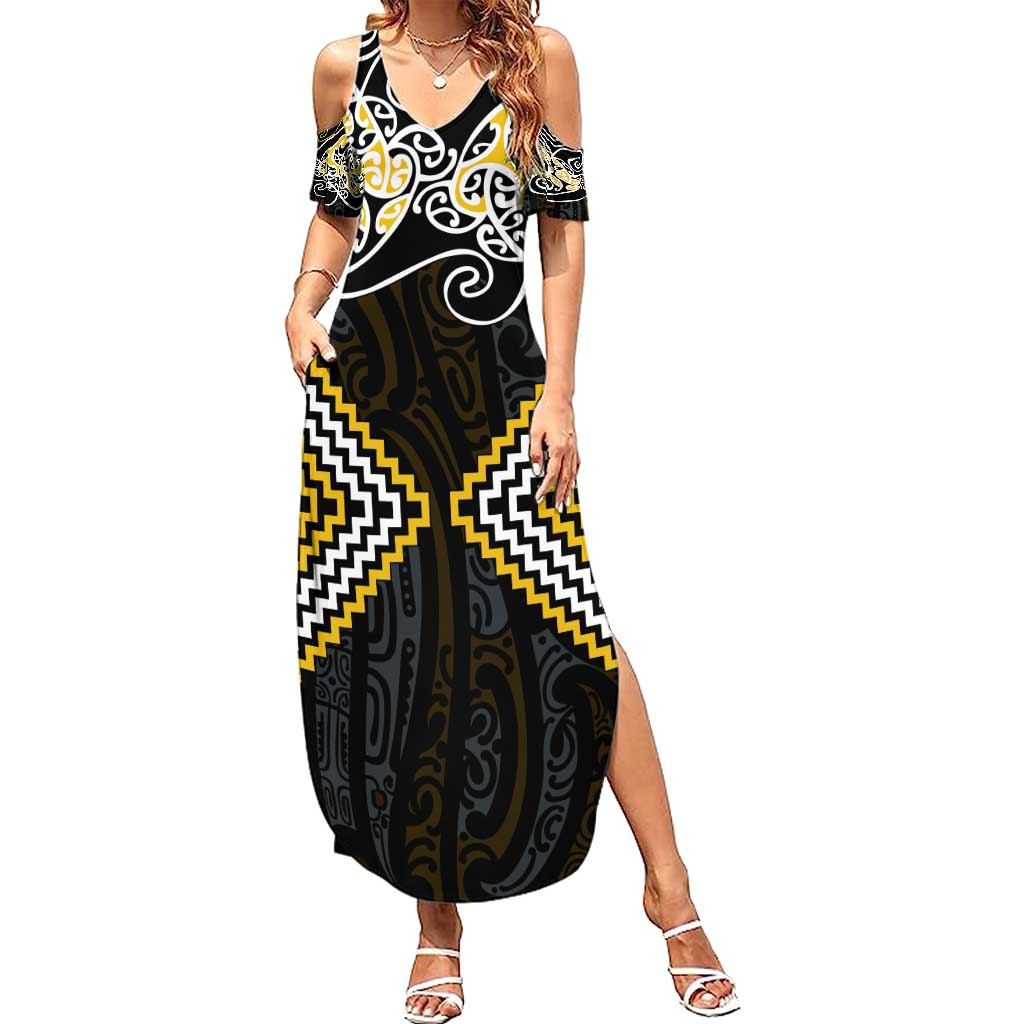 Gold Aotearoa Tukutuku Manawa Tapu Family Matching Summer Maxi Dress and Hawaiian Shirt Ta Moko Toi Maori