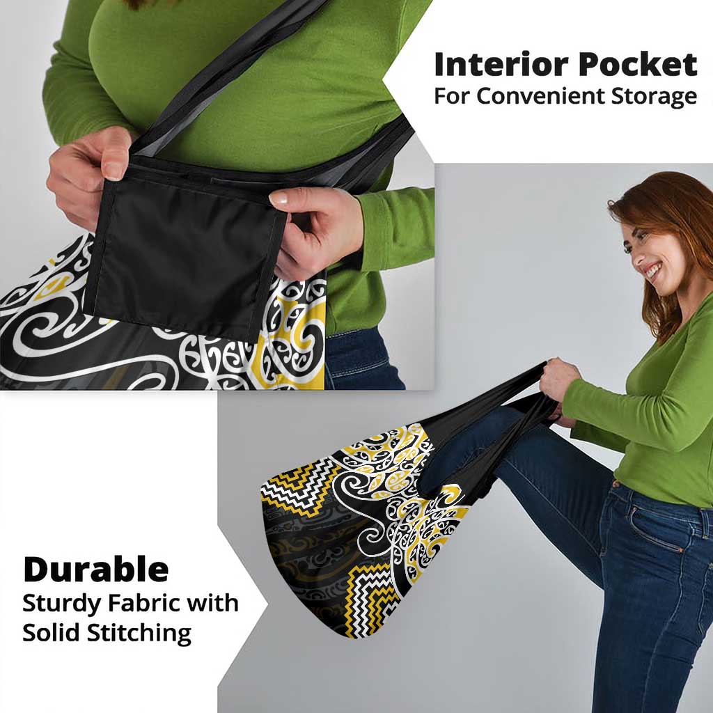 Gold Aotearoa Tukutuku Manawa Tapu Grocery Bag Ta Moko Toi Maori