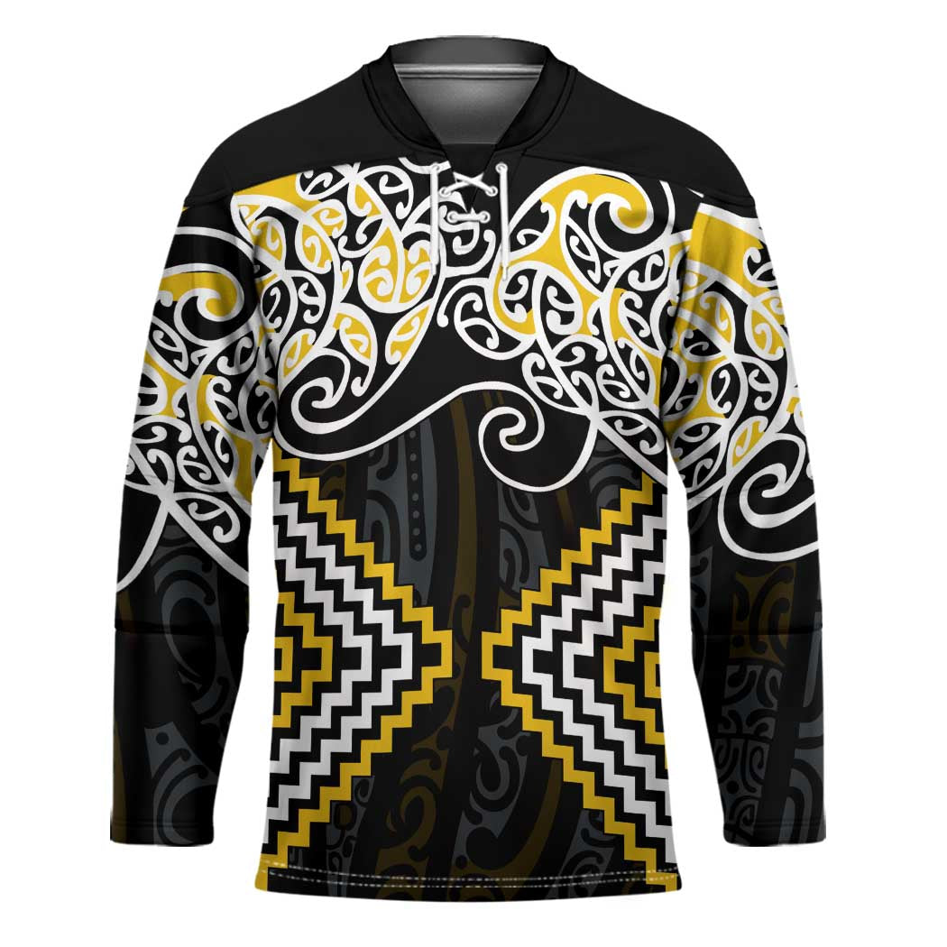 Gold Aotearoa Tukutuku Manawa Tapu Hockey Jersey Ta Moko Toi Maori - Polynesian Pride