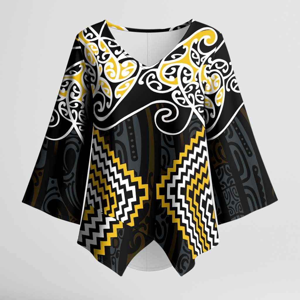Gold Aotearoa Tukutuku Manawa Tapu Kimono Sleeve Blouse Ta Moko Toi Maori - Polynesian Pride