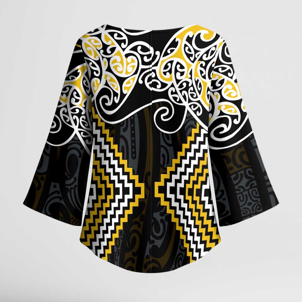 Gold Aotearoa Tukutuku Manawa Tapu Kimono Sleeve Blouse Ta Moko Toi Maori - Polynesian Pride