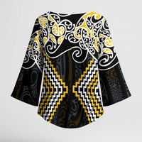 Gold Aotearoa Tukutuku Manawa Tapu Kimono Sleeve Blouse Ta Moko Toi Maori - Polynesian Pride