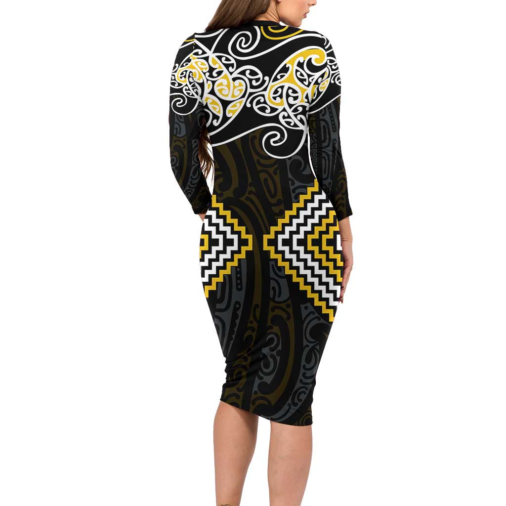 Gold Aotearoa Tukutuku Manawa Tapu Long Sleeve Bodycon Dress Ta Moko Toi Maori