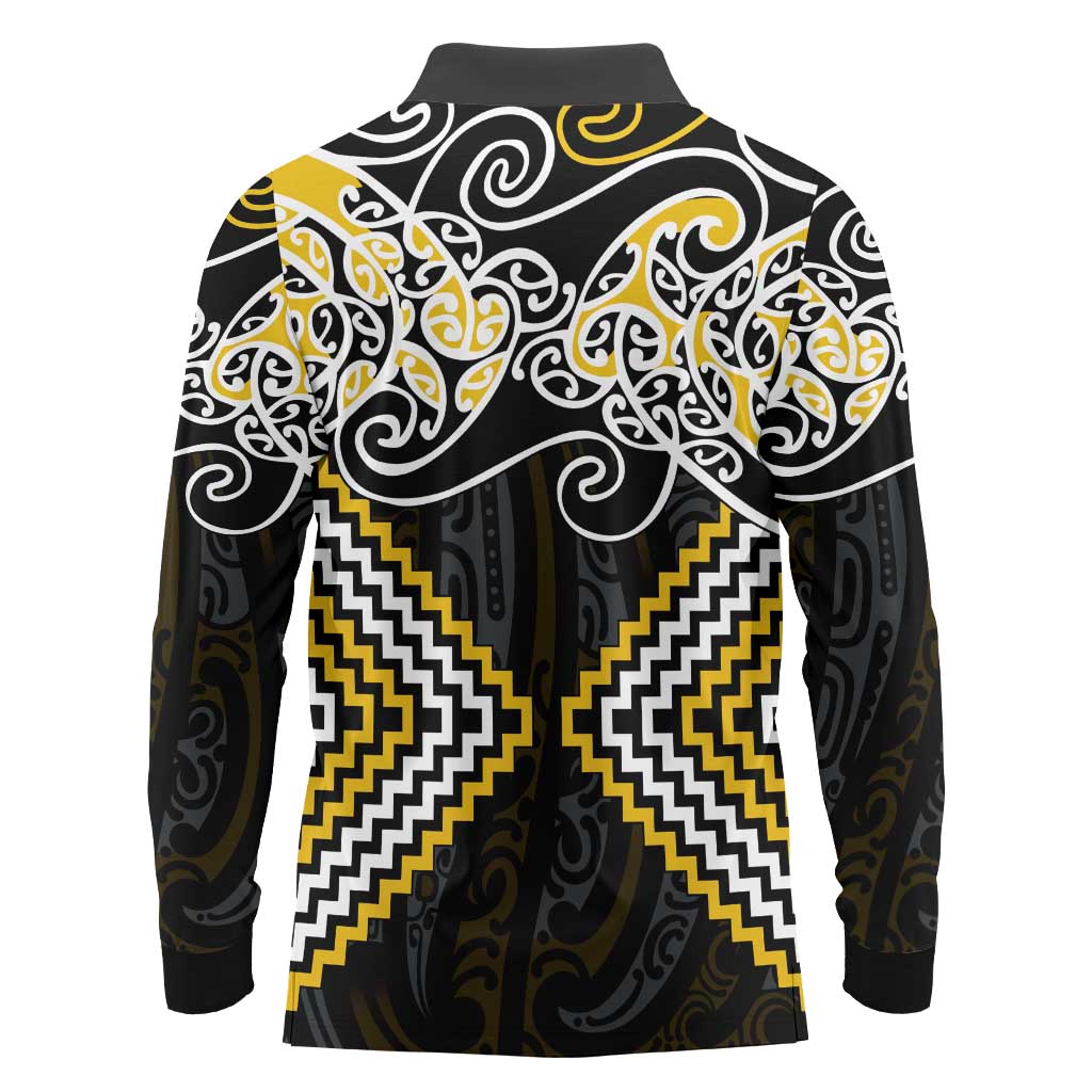 Gold Aotearoa Tukutuku Manawa Tapu Long Sleeve Polo Shirt Ta Moko Toi Maori