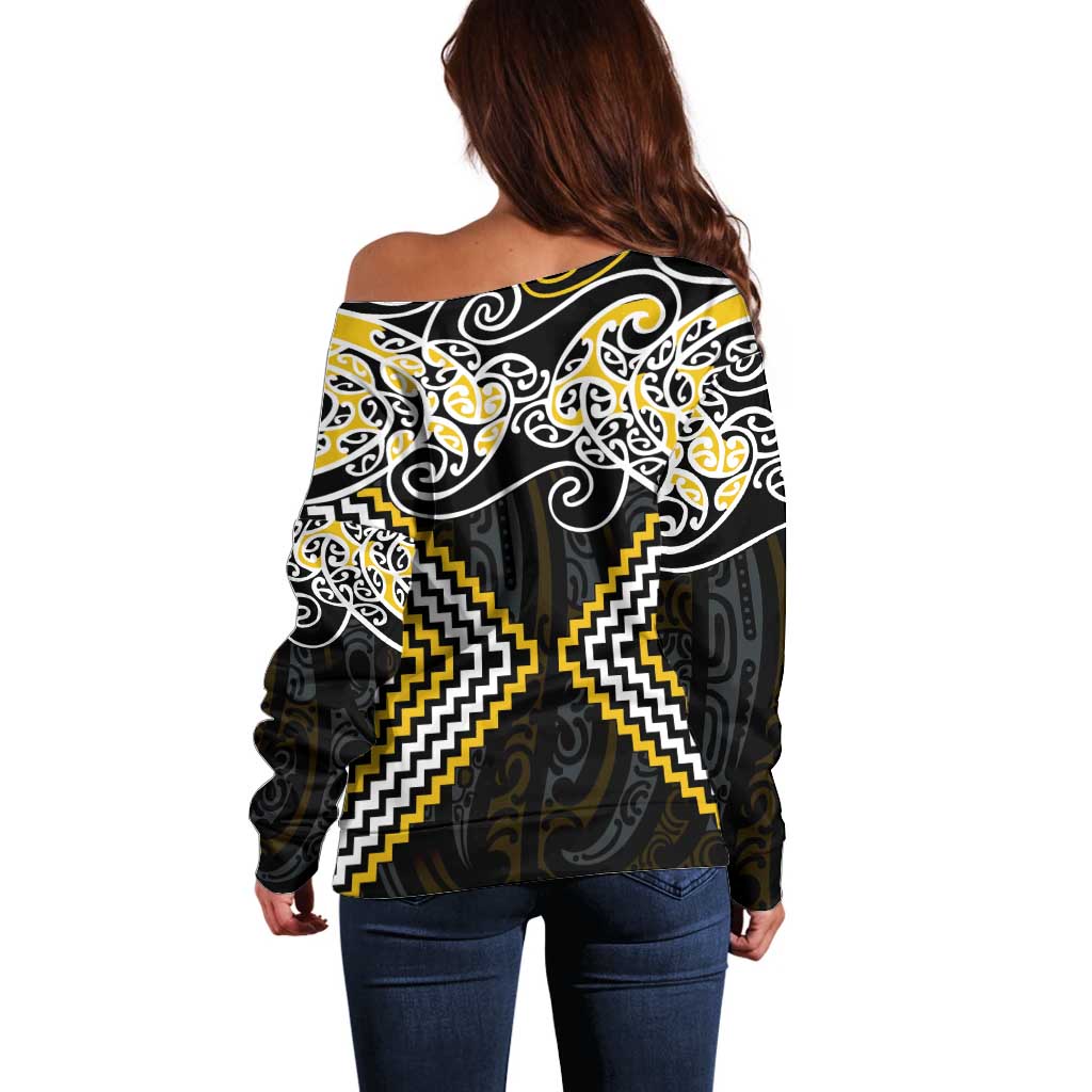 Gold Aotearoa Tukutuku Manawa Tapu Off Shoulder Sweater Ta Moko Toi Maori