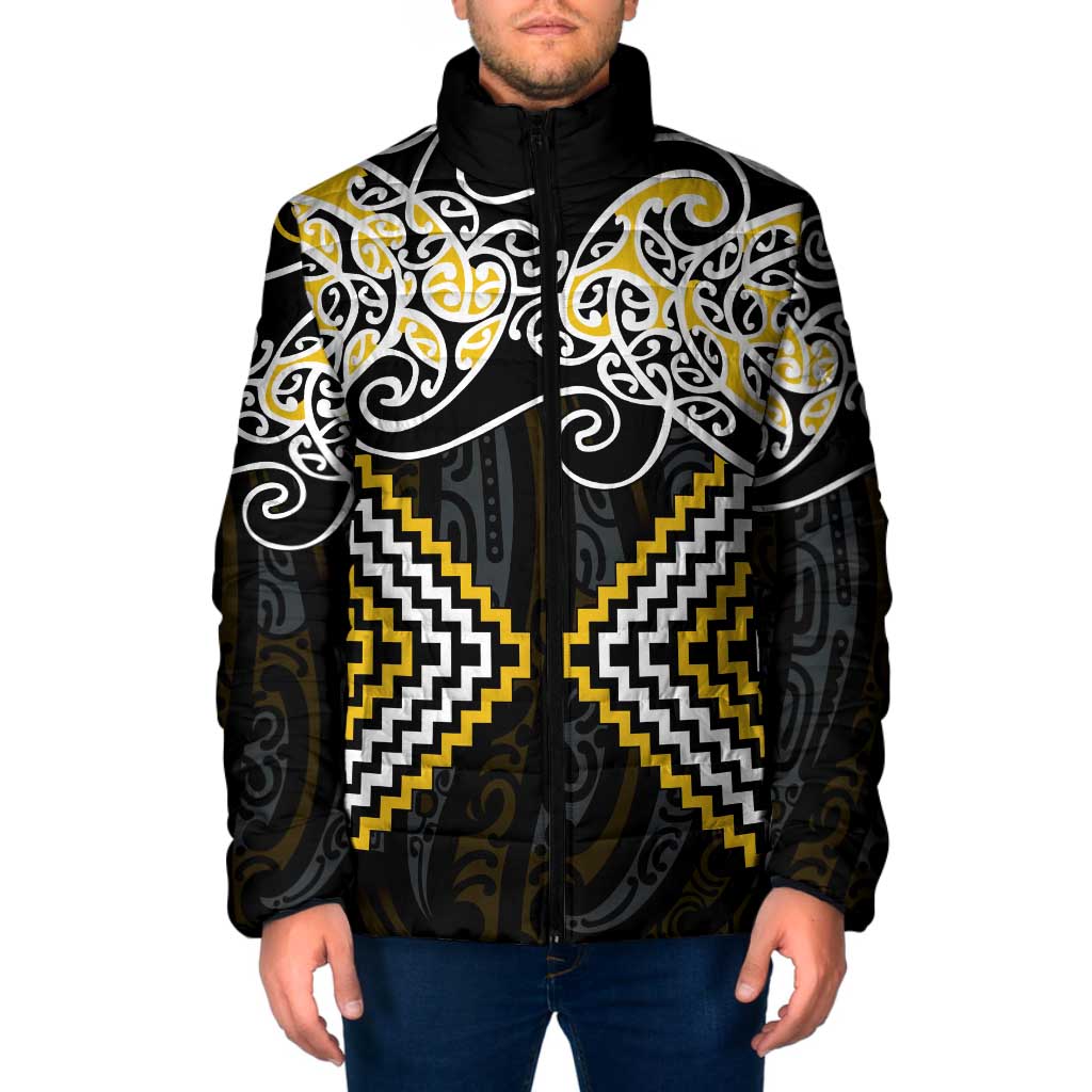 Gold Aotearoa Tukutuku Manawa Tapu Padded Jacket Ta Moko Toi Maori - Polynesian Pride