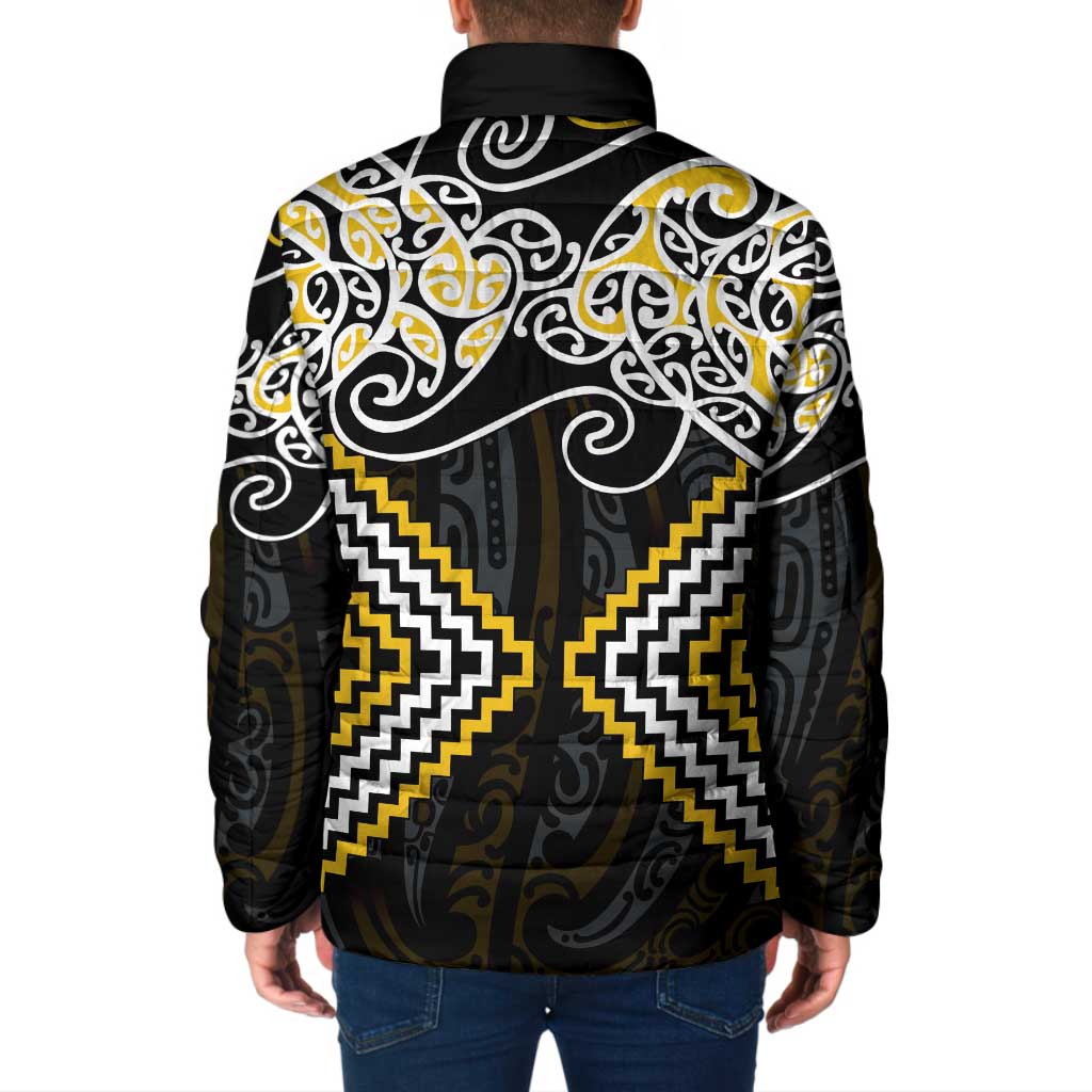 Gold Aotearoa Tukutuku Manawa Tapu Padded Jacket Ta Moko Toi Maori - Polynesian Pride