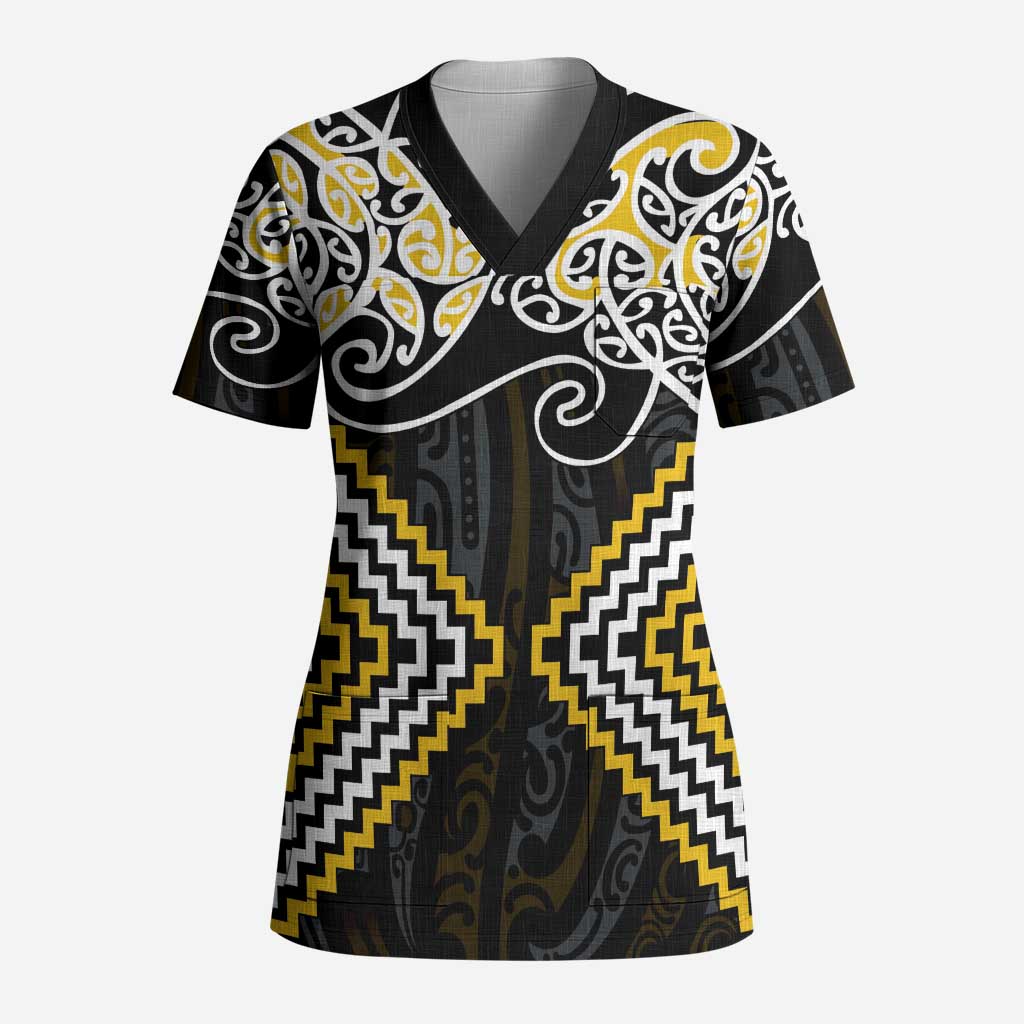 Gold Aotearoa Tukutuku Manawa Tapu Scrub Top Ta Moko Toi Maori LT9 Adult Gold - Polynesian Pride