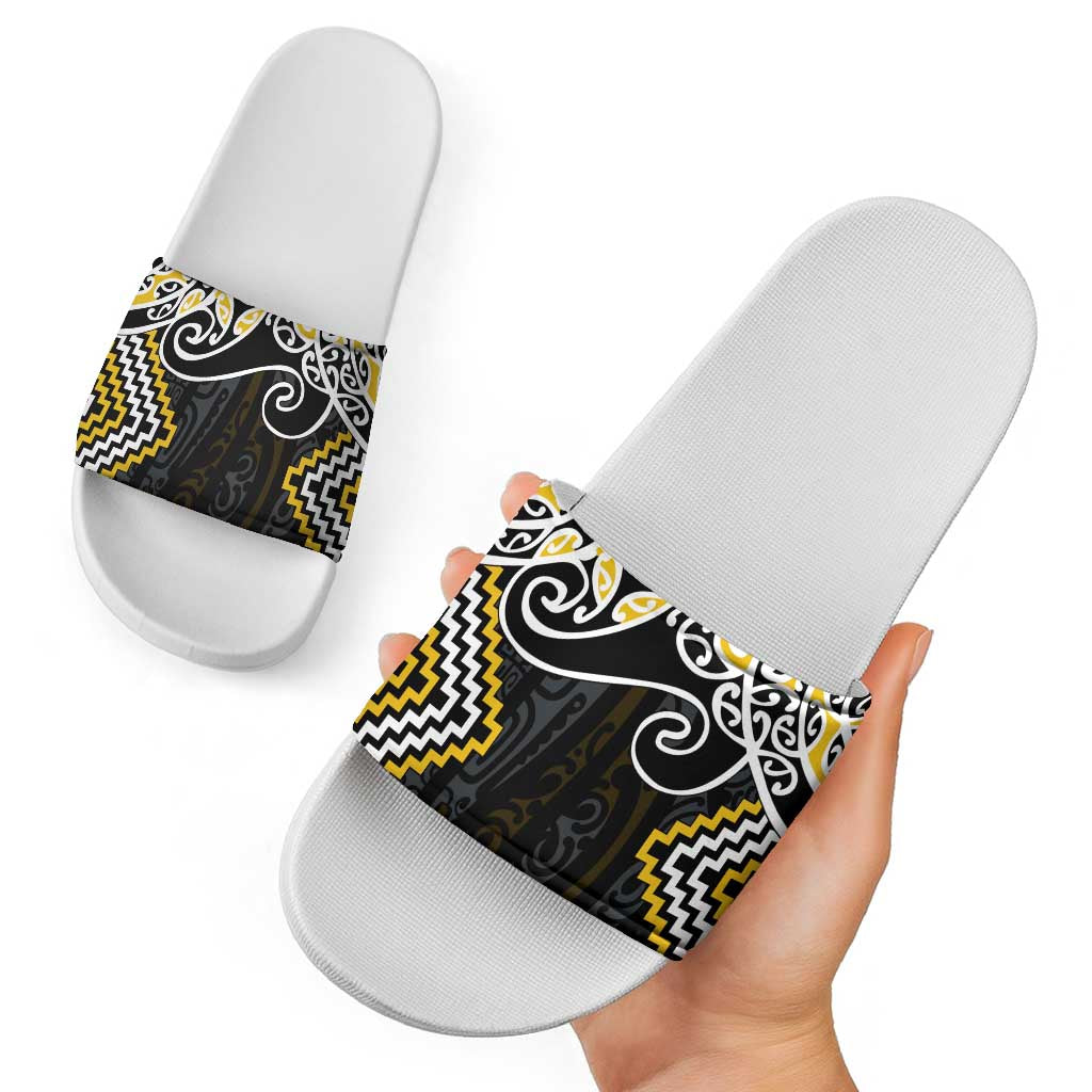 Gold Aotearoa Tukutuku Manawa Tapu Slide Sandals Ta Moko Toi Maori - Polynesian Pride
