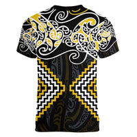 Gold Aotearoa Tukutuku Manawa Tapu Women V-Neck T-Shirt Ta Moko Toi Maori