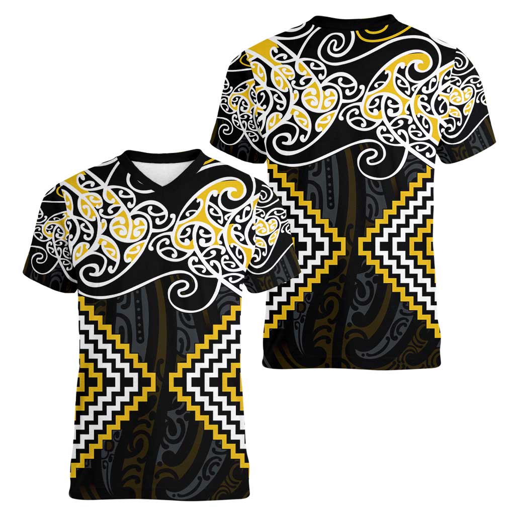 Gold Aotearoa Tukutuku Manawa Tapu Women V-Neck T-Shirt Ta Moko Toi Maori