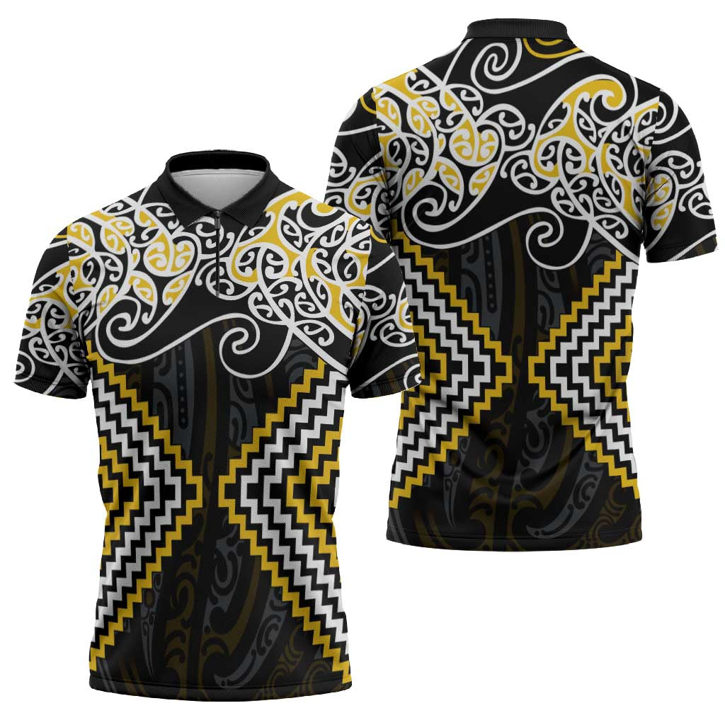 Gold Aotearoa Tukutuku Manawa Tapu Zipper Polo Shirt Ta Moko Toi Maori - Polynesian Pride