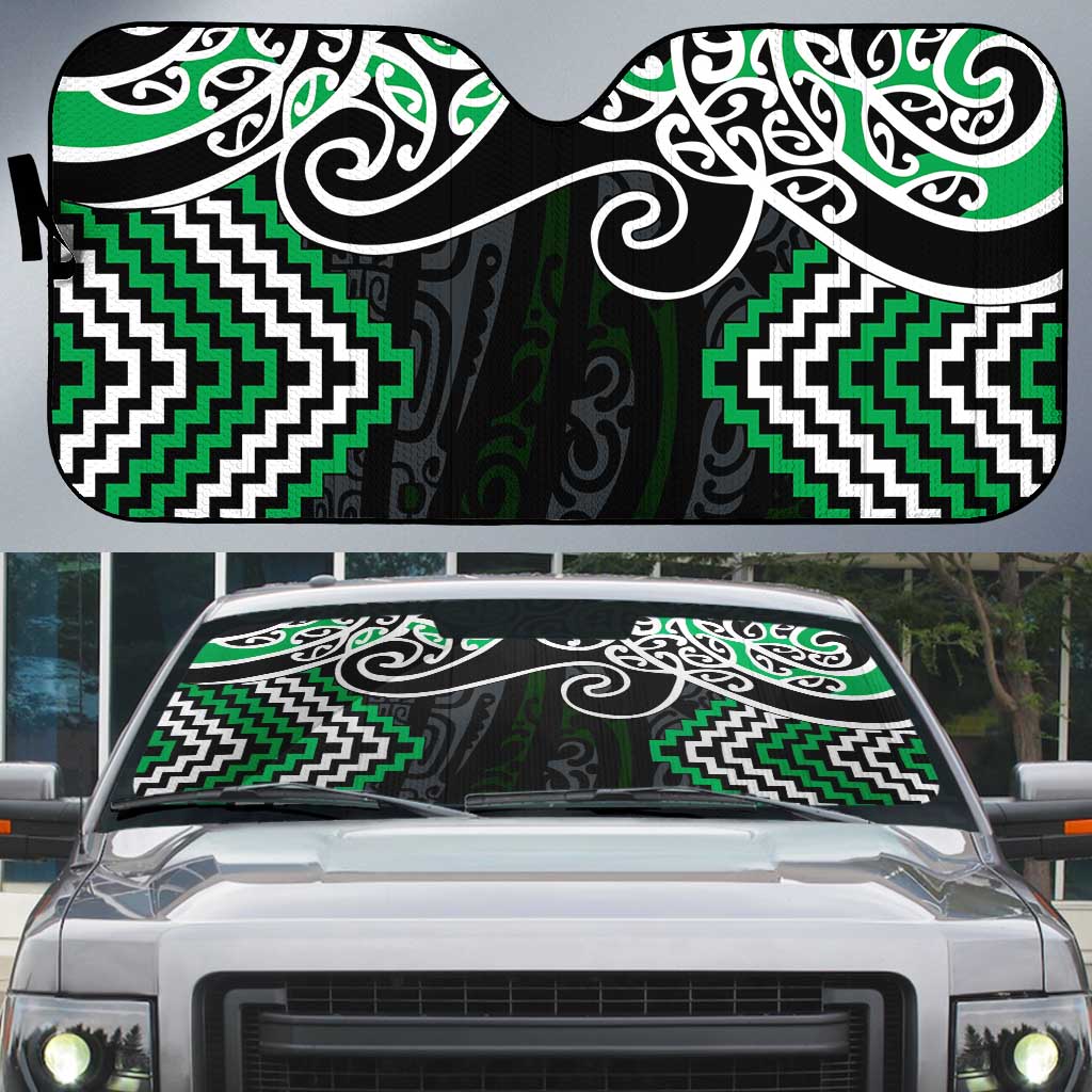 Green Aotearoa Tukutuku Manawa Tapu Auto Sun Shade Ta Moko Toi Maori - Polynesian Pride