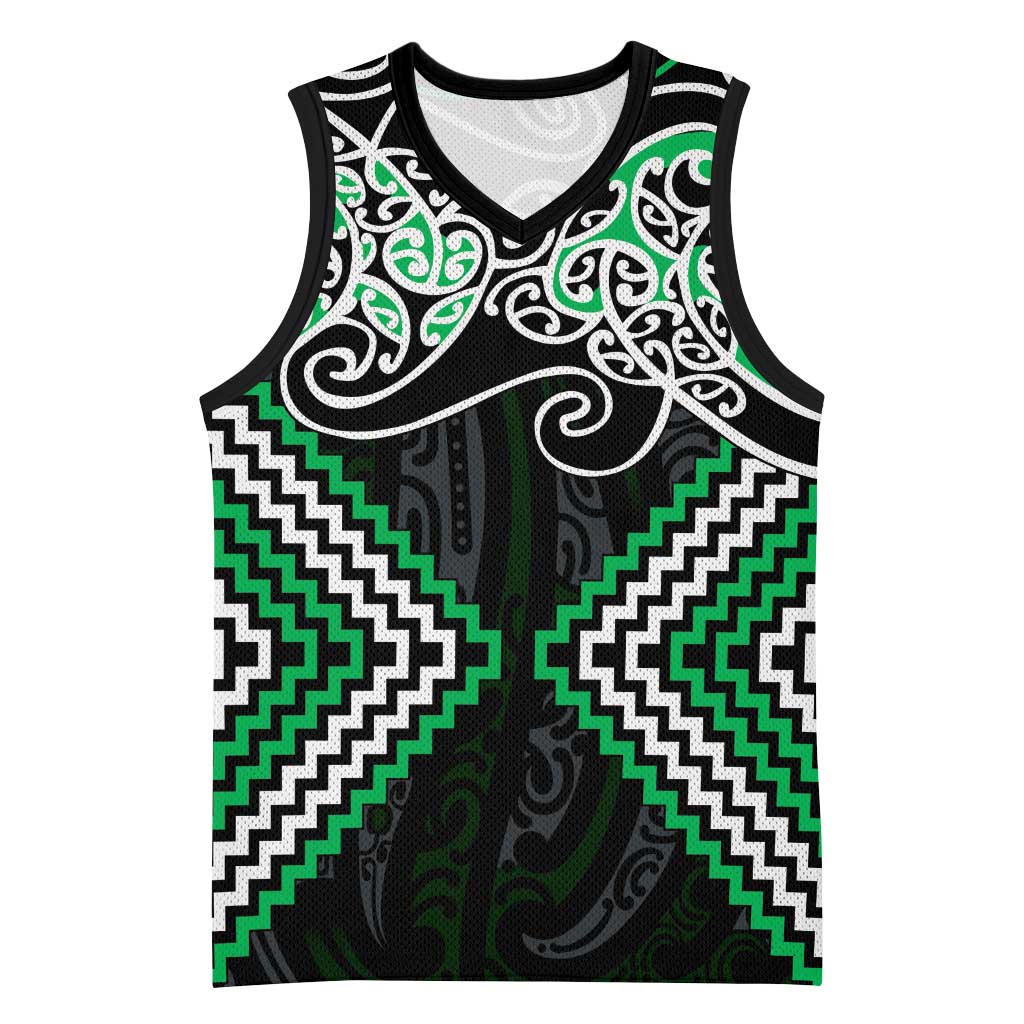 Green Aotearoa Tukutuku Manawa Tapu Basketball Jersey Ta Moko Toi Maori - Polynesian Pride