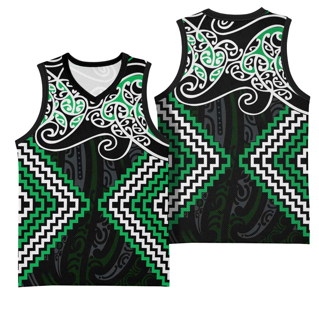 Green Aotearoa Tukutuku Manawa Tapu Basketball Jersey Ta Moko Toi Maori - Polynesian Pride