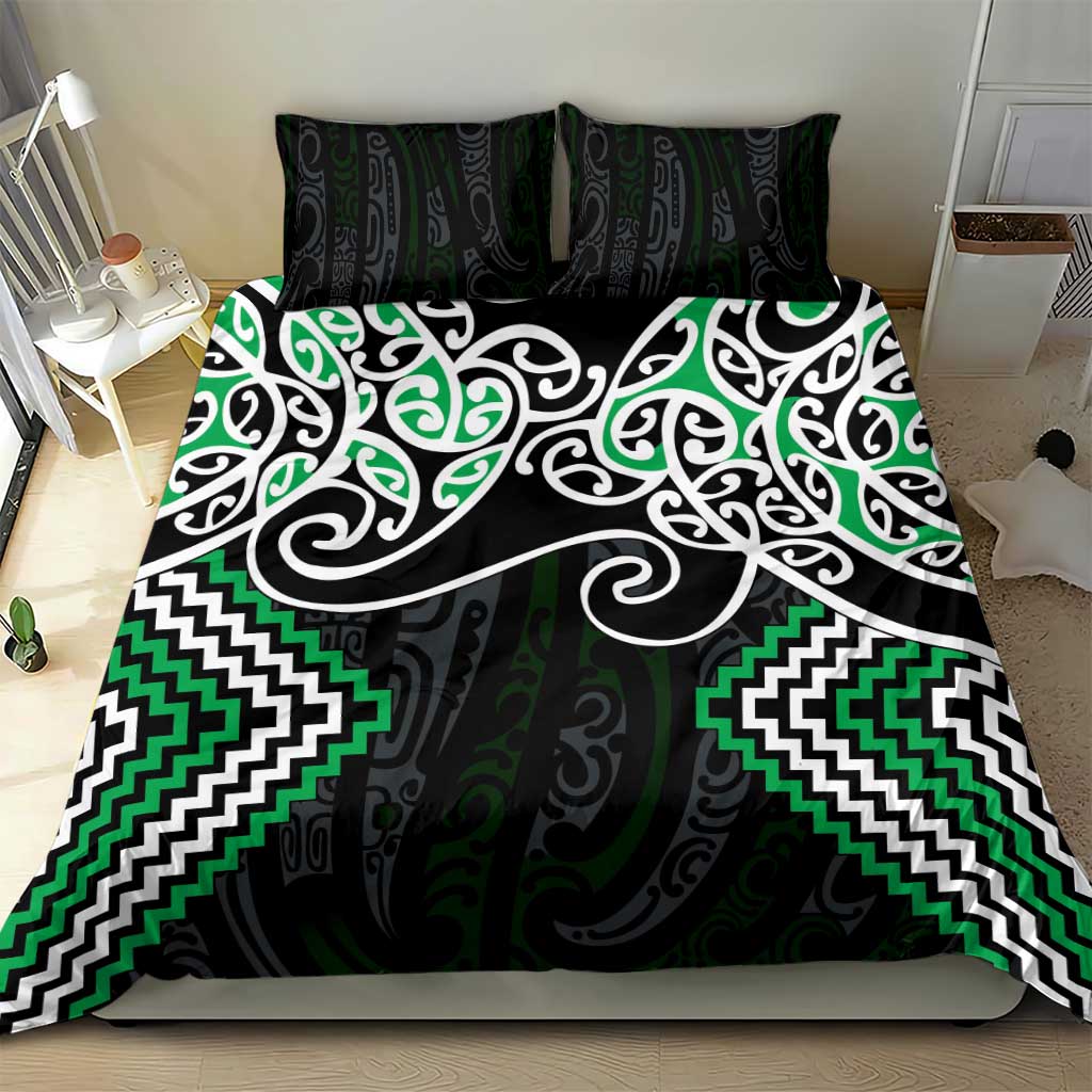 Green Aotearoa Tukutuku Manawa Tapu Bedding Set Ta Moko Toi Maori