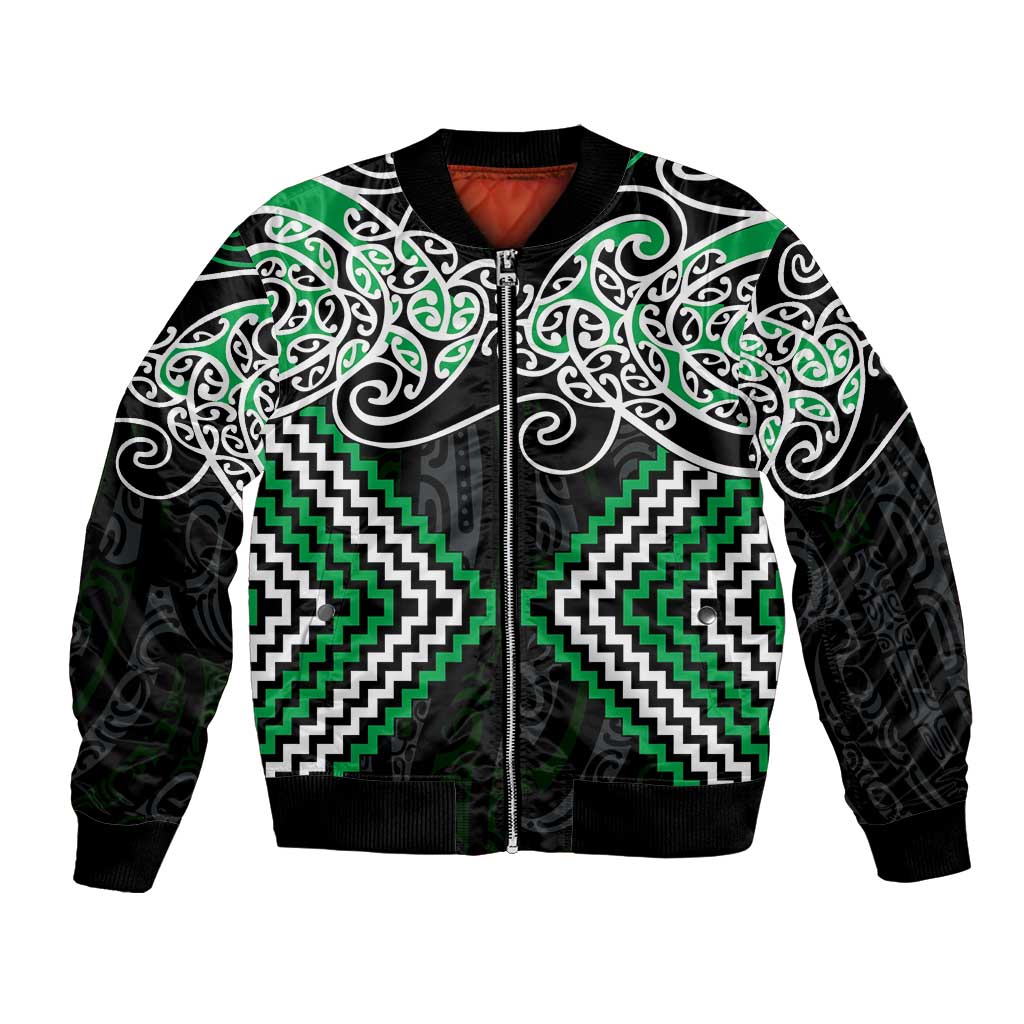Green Aotearoa Tukutuku Manawa Tapu Bomber Jacket Ta Moko Toi Maori LT9 Unisex Green - Polynesian Pride