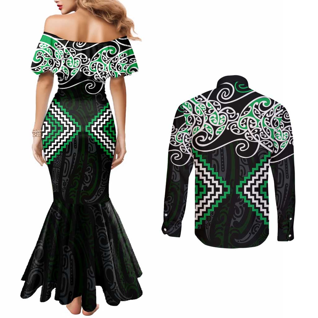 Green Aotearoa Tukutuku Manawa Tapu Couples Matching Mermaid Dress and Long Sleeve Button Shirt Ta Moko Toi Maori