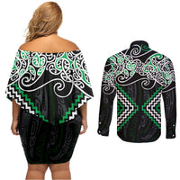Green Aotearoa Tukutuku Manawa Tapu Couples Matching Off Shoulder Short Dress and Long Sleeve Button Shirt Ta Moko Toi Maori