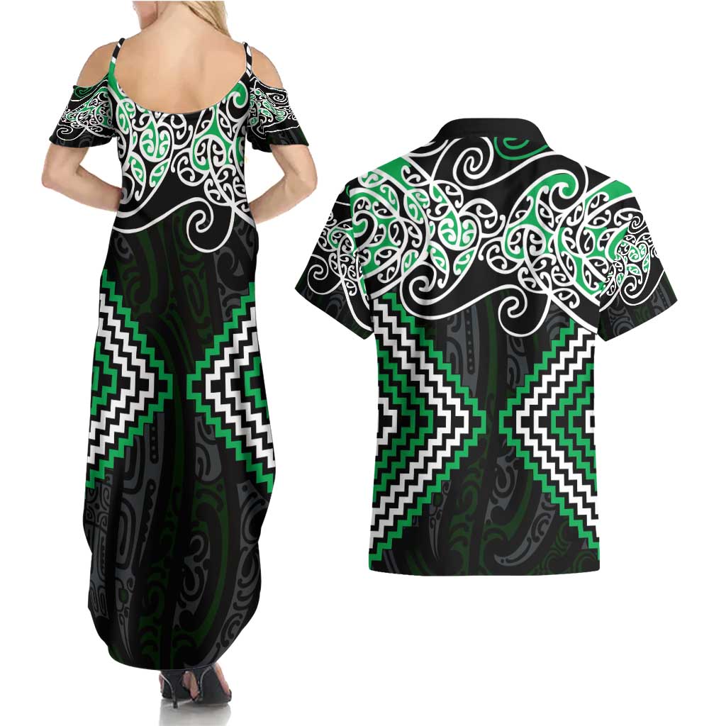 Green Aotearoa Tukutuku Manawa Tapu Couples Matching Summer Maxi Dress and Hawaiian Shirt Ta Moko Toi Maori