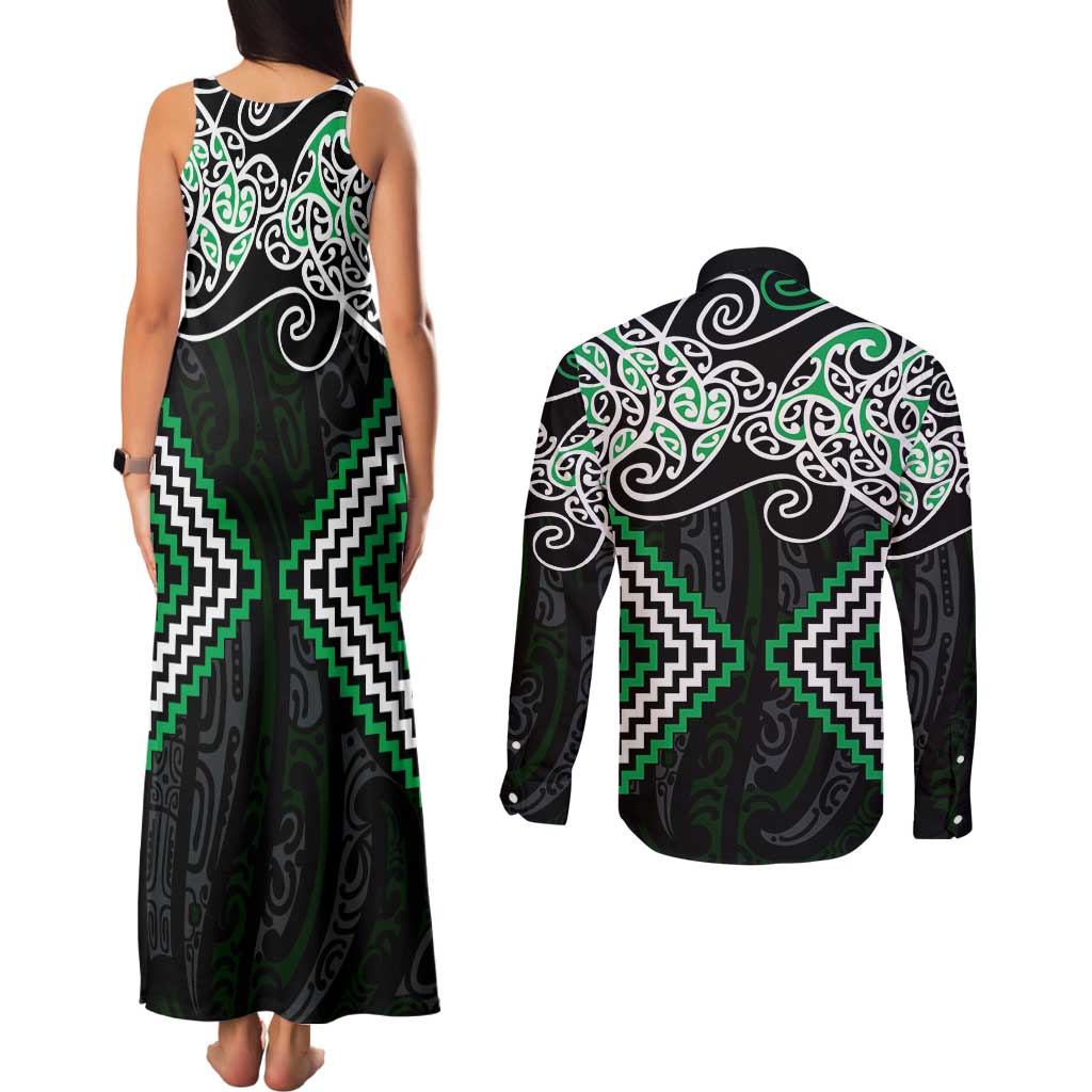 Green Aotearoa Tukutuku Manawa Tapu Couples Matching Tank Maxi Dress and Long Sleeve Button Shirt Ta Moko Toi Maori