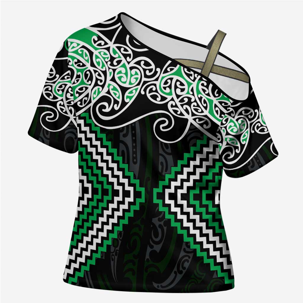Green Aotearoa Tukutuku Manawa Tapu Cross Shoulder Shirt Ta Moko Toi Maori - Polynesian Pride