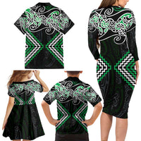 Green Aotearoa Tukutuku Manawa Tapu Family Matching Long Sleeve Bodycon Dress and Hawaiian Shirt Ta Moko Toi Maori
