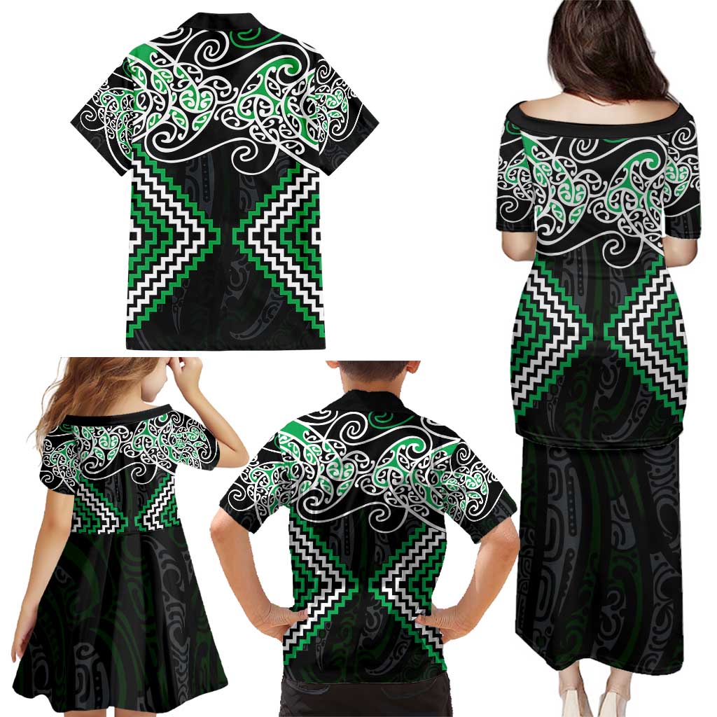 Green Aotearoa Tukutuku Manawa Tapu Family Matching Puletasi and Hawaiian Shirt Ta Moko Toi Maori