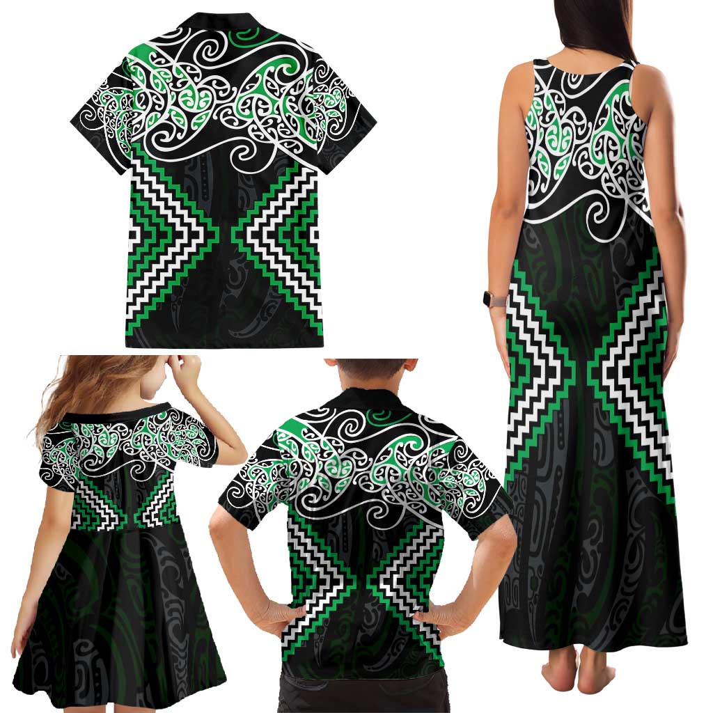 Green Aotearoa Tukutuku Manawa Tapu Family Matching Tank Maxi Dress and Hawaiian Shirt Ta Moko Toi Maori