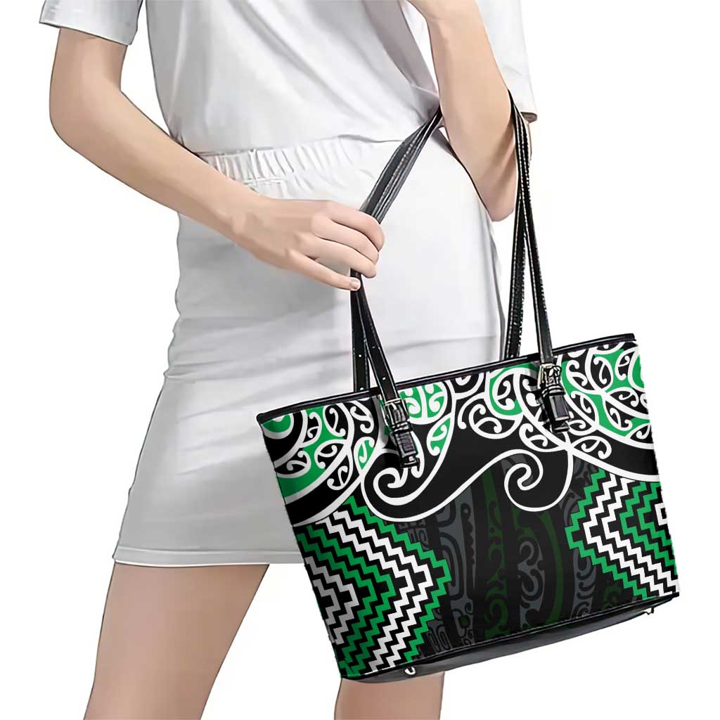 Green Aotearoa Tukutuku Manawa Tapu Leather Tote Bag Ta Moko Toi Maori
