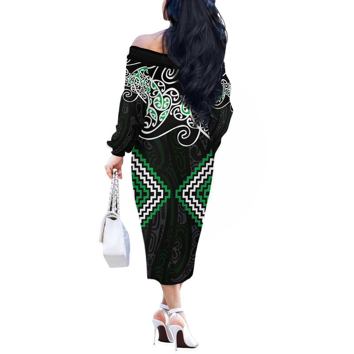Green Aotearoa Tukutuku Manawa Tapu Off The Shoulder Long Sleeve Dress Ta Moko Toi Maori