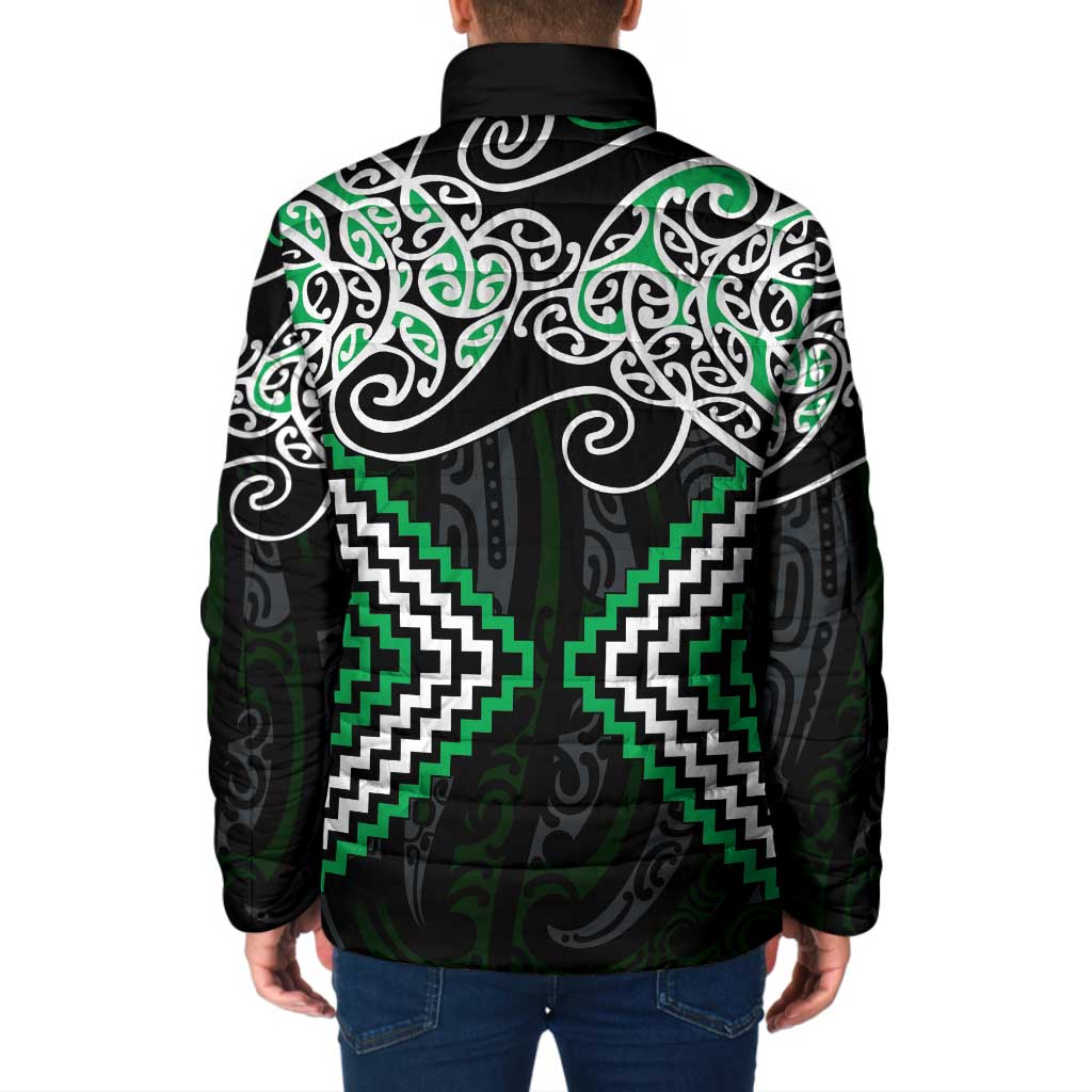 Green Aotearoa Tukutuku Manawa Tapu Padded Jacket Ta Moko Toi Maori - Polynesian Pride