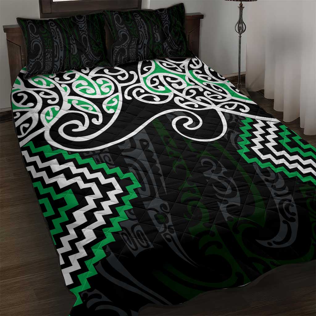 Green Aotearoa Tukutuku Manawa Tapu Quilt Bed Set Ta Moko Toi Maori LT9 Green - Polynesian Pride